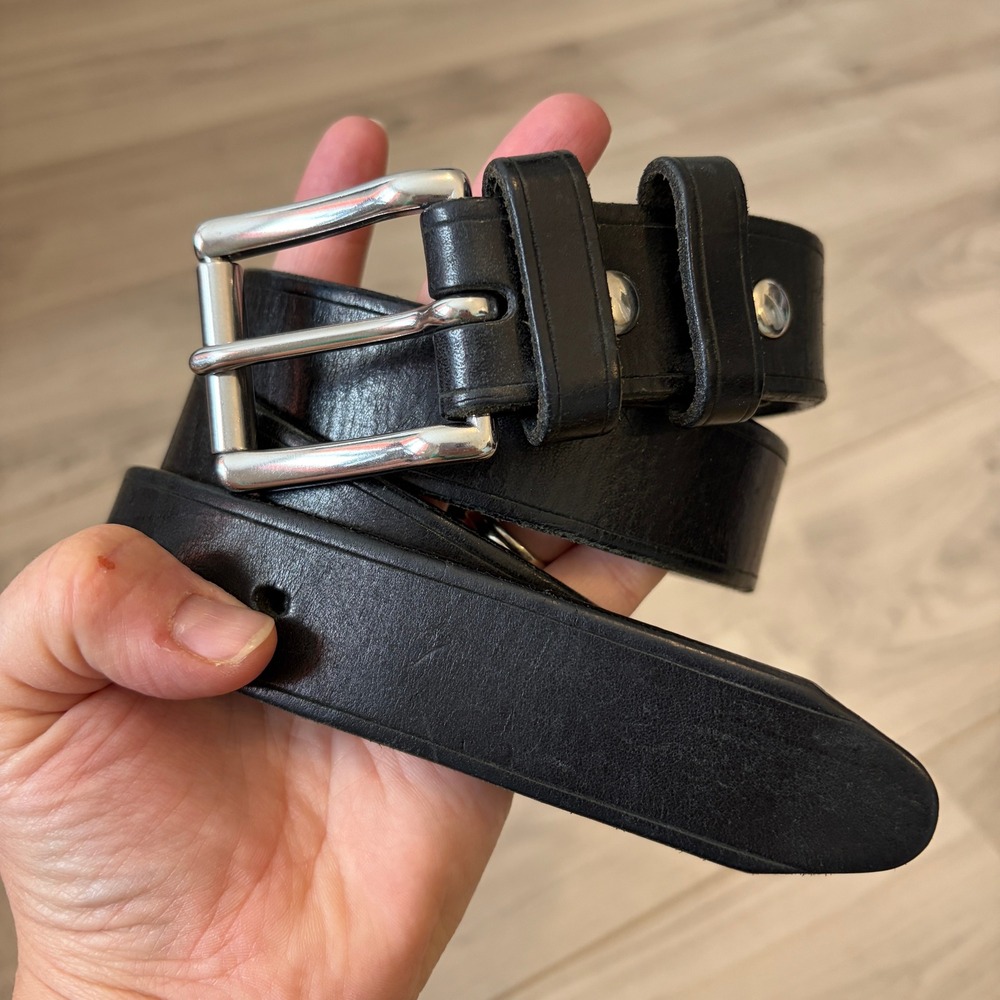 Genuine Leather Belt Classic Black 38-41 Silver Buckle Rivet Detail